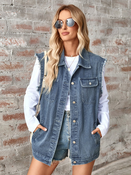 Raw Hem Sleeveless Button Up Denim Vest