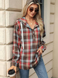 1/4 Button Drawstring Plaid Hooded Long Sleeve Top