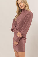 Rose Glitter Mock Neck Long Sleeve Mini Dress