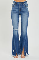 High Rise Front Slit Frayed Hem Flare Jeans