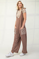 Taupe Ribbed Leopard Tied Shoulder Overalls