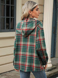 1/4 Button Drawstring Plaid Hooded Long Sleeve Top