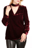 Burgundy Cutout Long Sleeve Velvet Blouse