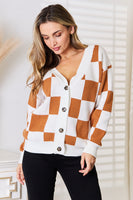 Checkered V-Neck Dropped Shoulder Cardigan