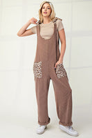 Taupe Ribbed Leopard Tied Shoulder Overalls