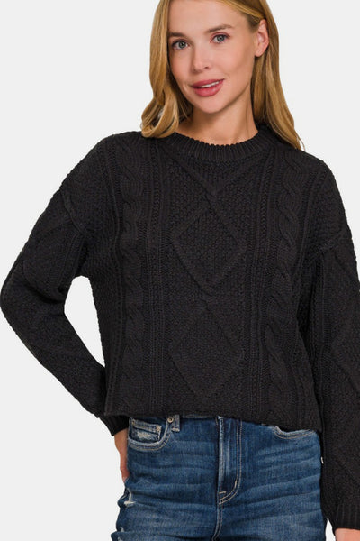 Black Cable Sweater with Side Slits