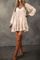 Ruffled V-Neck Long Sleeve Dress