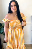 striped yellow + white ruffle dress