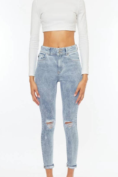 light wash high rise folded skinny