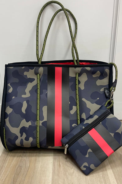 neoprene tote camo + red/black stripe w/ red inside lining