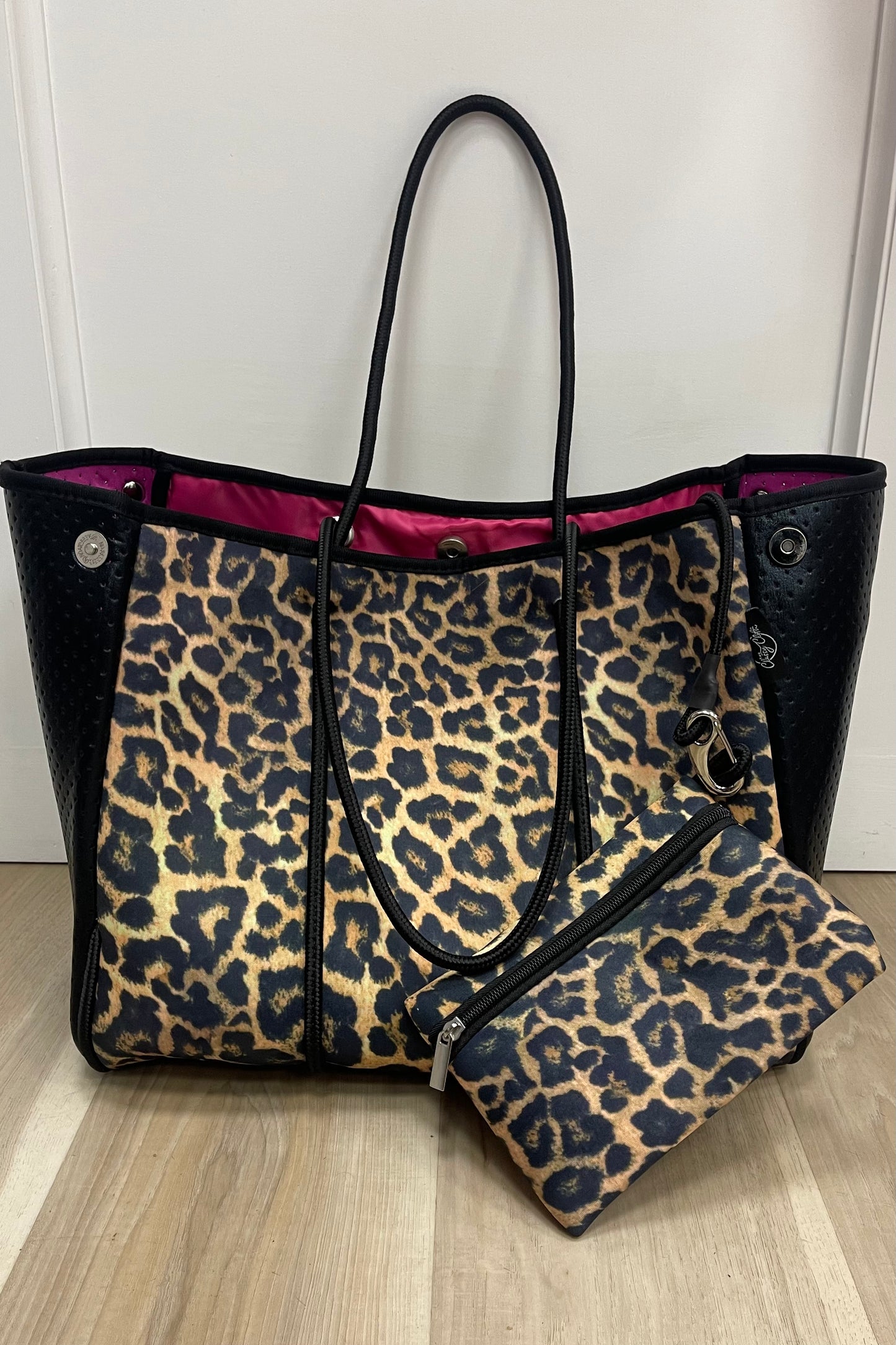 neoprene tote cheetah + black leather w/ hot pink inside lining