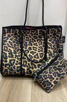 neoprene tote cheetah + black leather w/ hot pink inside lining