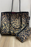 neoprene tote cheetah + black leather w/ hot pink inside lining