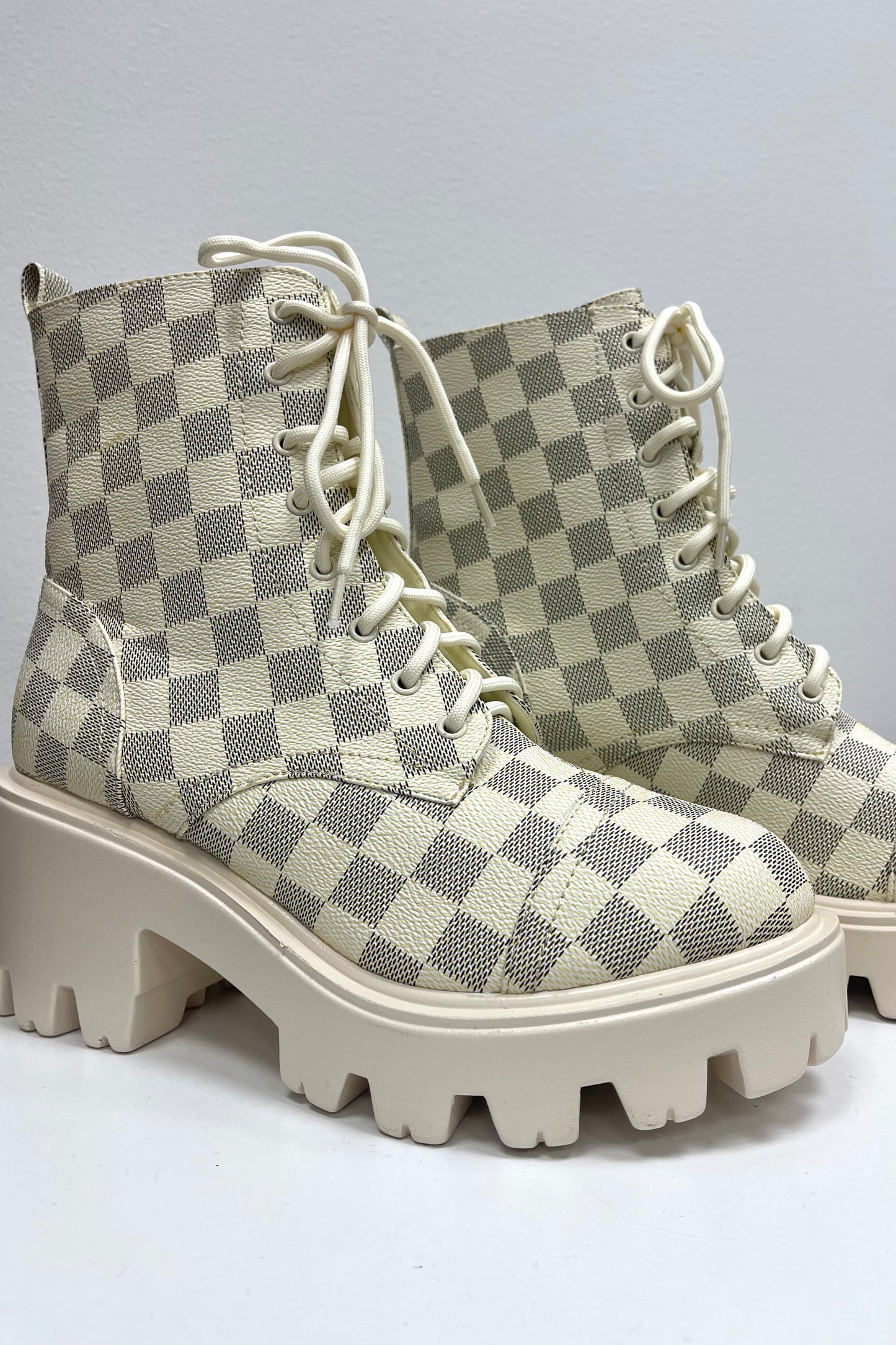 checkered lace up chunky combat boot